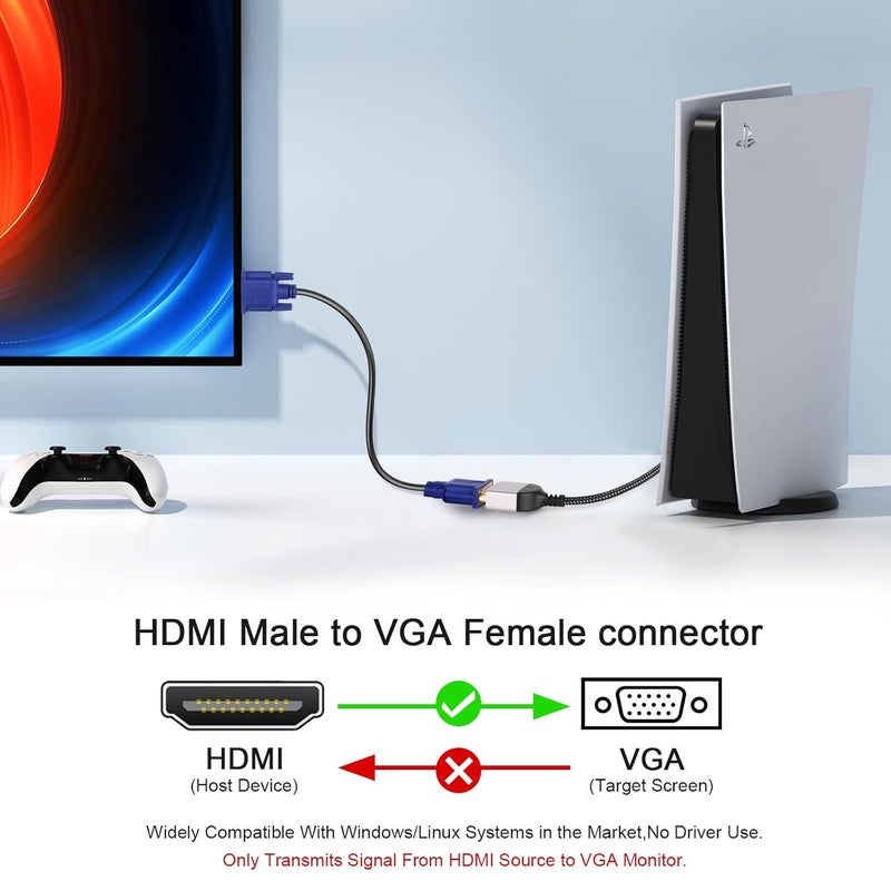 PASOW HDMI to VGA Adapter Cable 8 inch Uni-Directional Only,Gold-Plated 1080p@60Hz HDMI Male to VGA Female Braided Cord for PC,Laptop,Monitor,HDTV, Roku, Xbox, PS5 - Image 2
